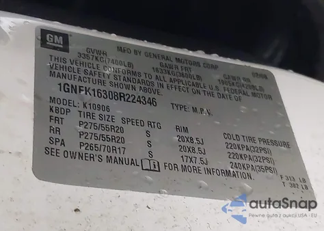 2008 Chevrolet Suburban 1500 Ltz z USA, uszkodzony, nr VIN 1GNFK16308R224346